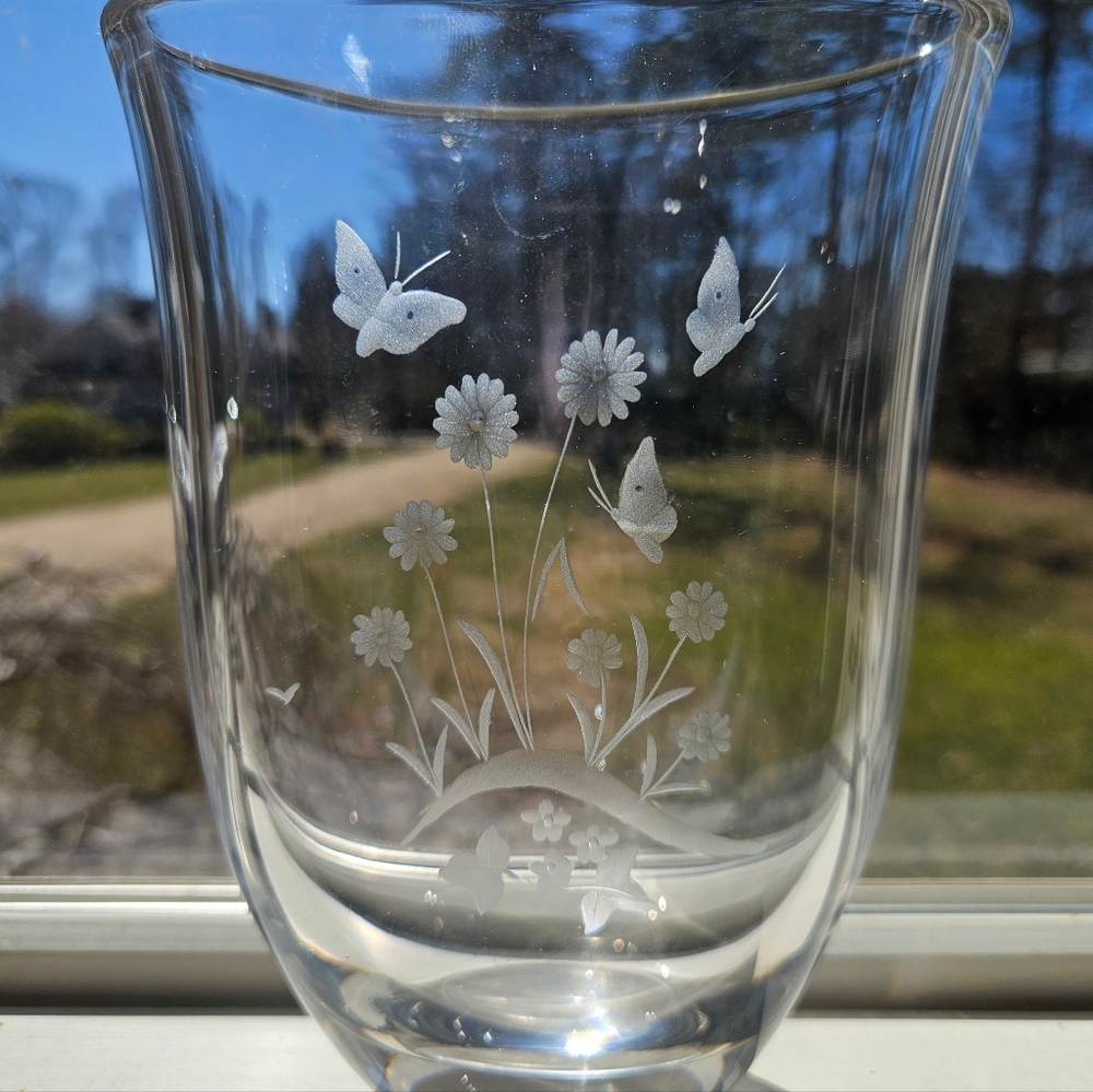 Orrefors Sweden Etched Crystal Butterfly and Flower Vase Signed
